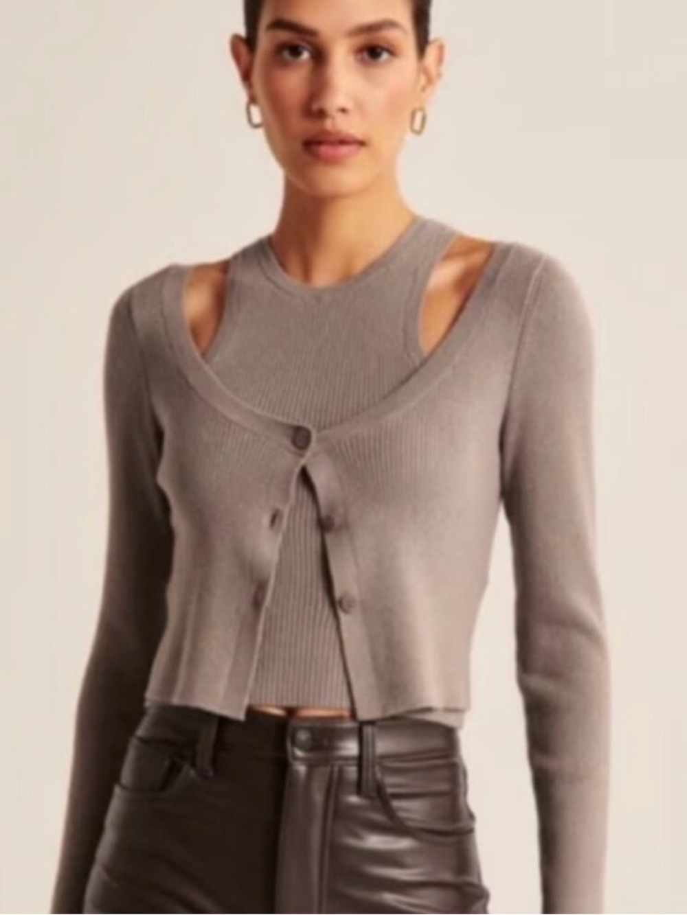 Abercrombie & Fitch Taupe Layered Cutout Cardigan Sweater